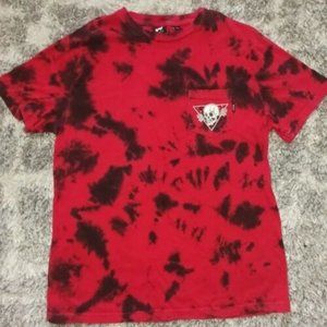 Red and black WESTY tie dye tee with a skull on the front pocket